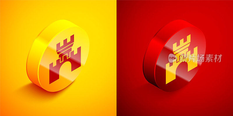 Isometric Castle icon isolated on orange and red background. Medieval fortress with a tower. Protection from enemies. Reliability and defense of the city. Circle button. Vector